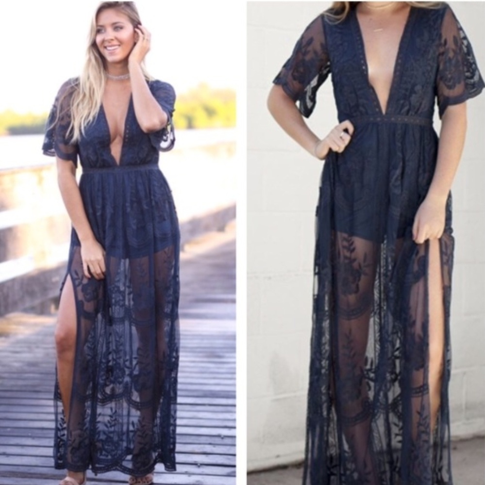 Navy Blue Lace Romper Dress NWOT